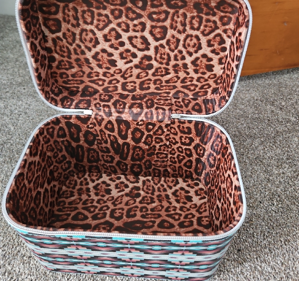 Southwestern Pattern Train Case Cosmetic Bag - Black, Teal, Coral - Picture 2 of 5